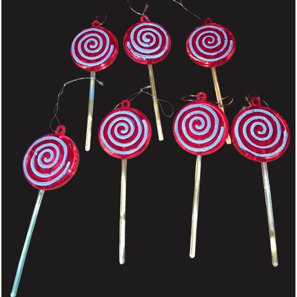 Lot Of 7 Red Glass Lollipop Ornaments 5" Hanging Holiday Decorations - Picture 5 of 6